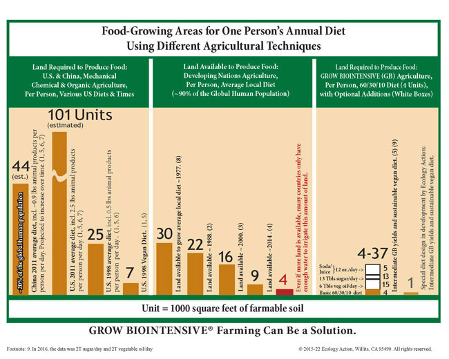 Food growing areas for one person's annual diet using different agricultural techniques